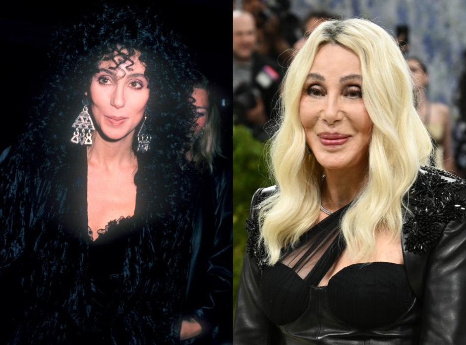 Split image of Cher in the '80s with black curly hair and a black dress on the left. On the right, wavy light blonde hair in a black dress at the met gala.