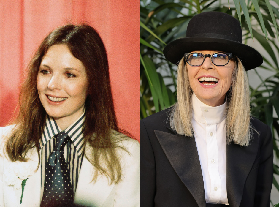 Split image of Diane Keaton. On the left in a striped shirt, spotted tie and white jacket in 1976. On the right, in a turtleneck white shirt, black jacket and black hat in 2022.