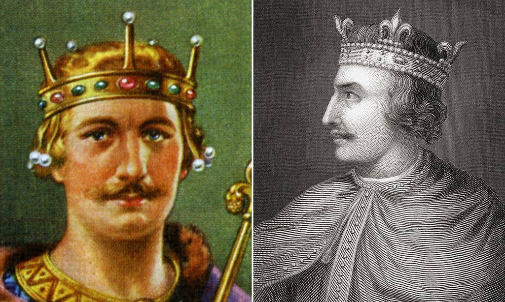 Two portraits of historical figures, both wearing crowns and regal attire.