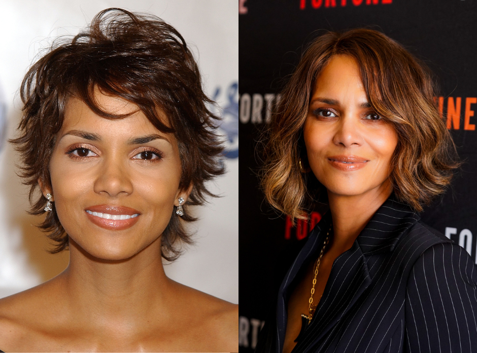 Split image of Halle Berry. On the left in 2002 in an off the shoulder dress. On the right, in a striped suit jacket in 2024. 