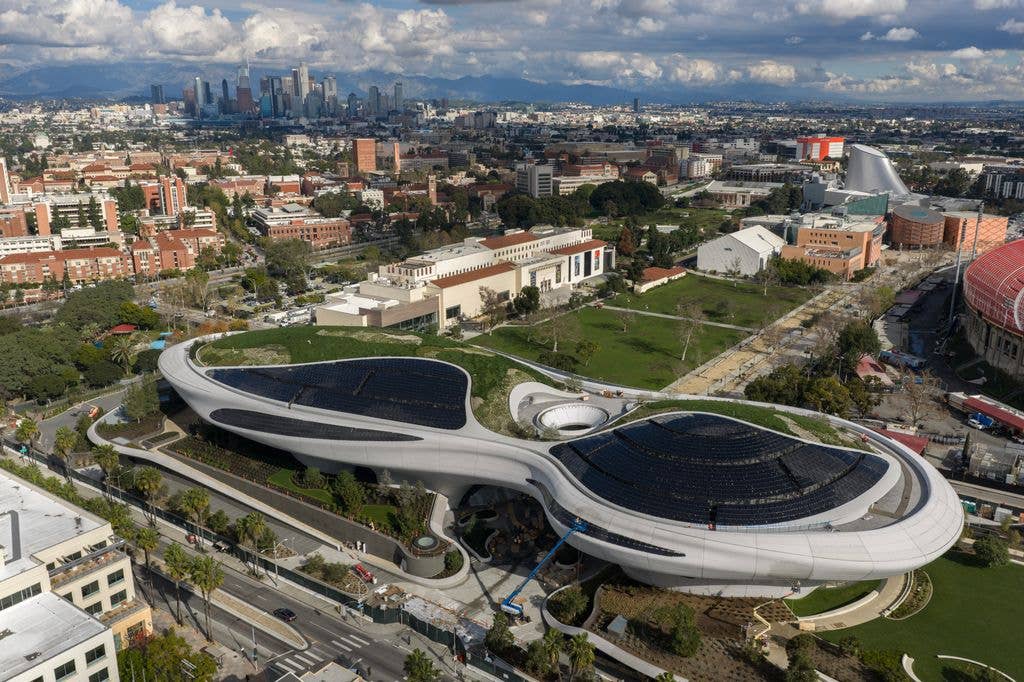 A general view of the Lucas Museum of Narrative Art on January 05, 2026 in Los Angeles, California
