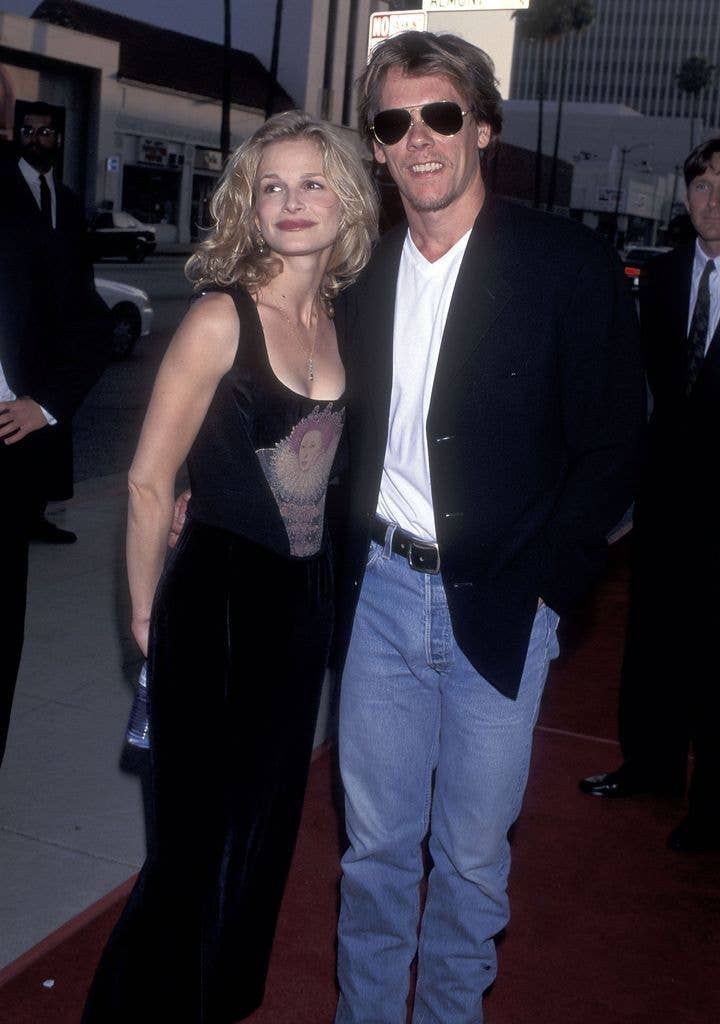 Actress Kyra Sedgwick and actor Kevin Bacon attend the "Apollo 13" Beverly Hills Premiere on June 22, 1995 at the Academy Theatre in Beverly Hills, California.
