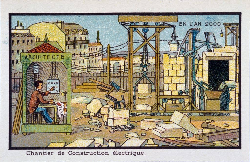 A vintage illustration shows an architect seated in a booth operating electrical controls while automated cranes and machinery build a stone structure in the background.