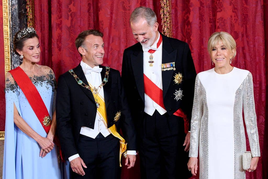 Queen Letizia of Spain, French President Emmanuel Macron, King Felipe VI of Spain and  First Lady of France Brigitte Macron attend an Gala Dinner at the Royal Palace of Madrid on the first day of the State Visit of the President of France on September 29, 2026 in Madrid, Spain. (Photo by Carlos Alvarez/Getty Images)