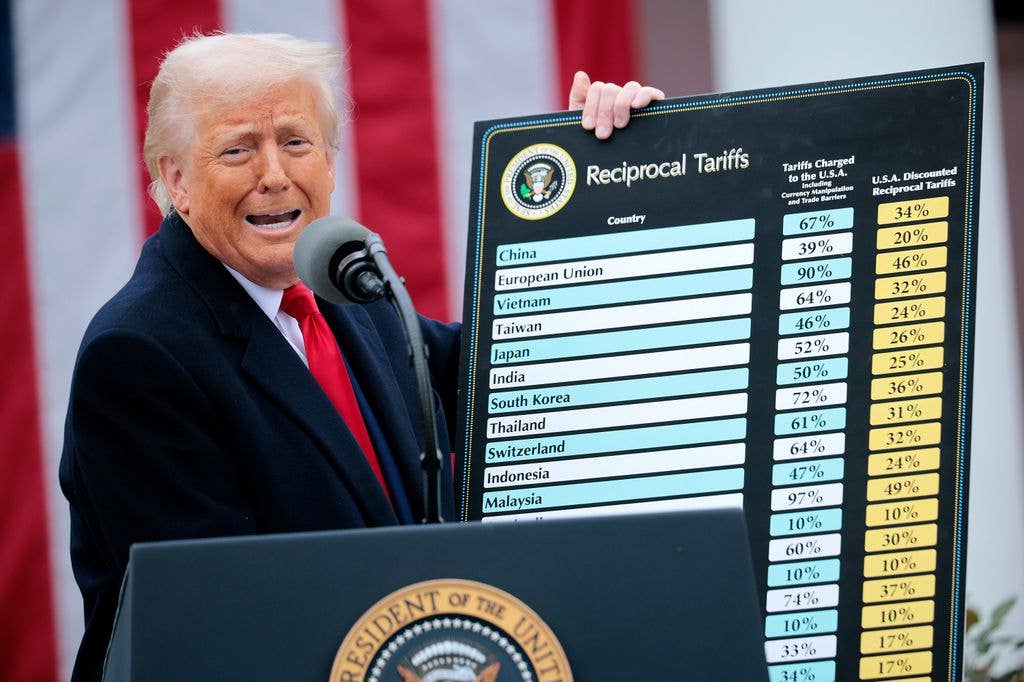 Donald Trump holds up a chart while speaking during a ĂąMake America Wealthy Again trade announcement event in the Rose Garden at the White House on April 2, 2025 in Washington, DC. Touting the event as ĂąÂÂLiberation DayĂąÂÂ, Trump is expected to announce additional tariffs targeting goods imported to the U.S. (Photo by Chip Somodevilla/Getty Images)