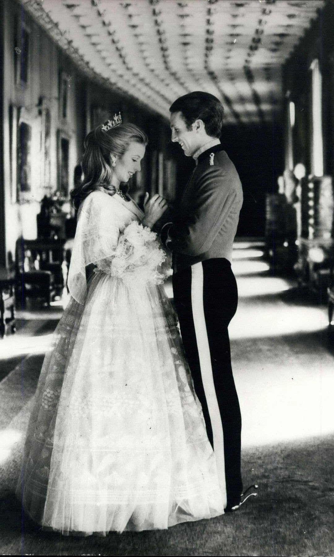 Princess Anne wearing a Zandra Rhodes dress on her engagement in 1973