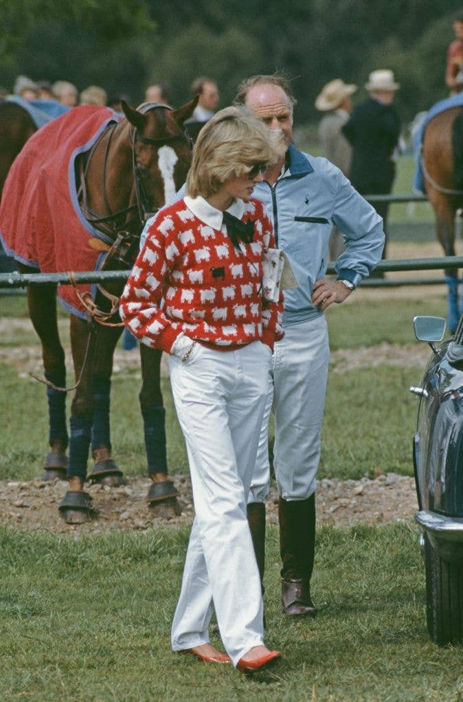 Princess Diana wearing red sheep jumper