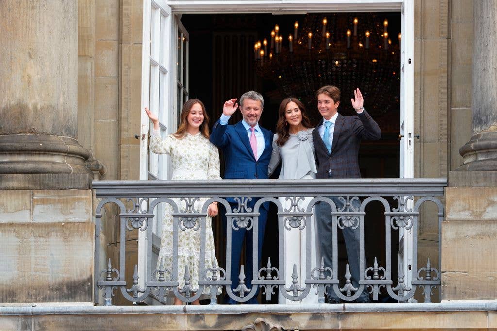 King Frederik, Queen Mary, Princess Josephine and Prince Vincent wave from the balcony