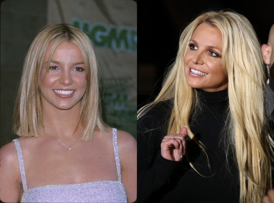 Split image of Britney Spears. Shown on the left in 1999 wearing a sparkly strap dress, on the right in 2018 wearing a black turtleneck.