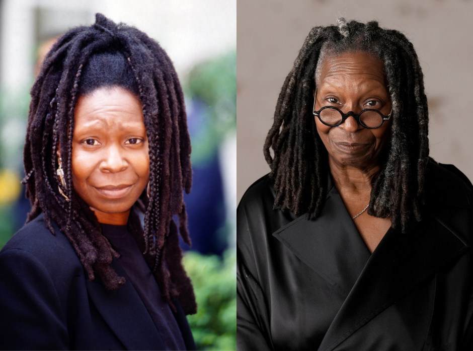 Split image of Whoopi Goldberg. Shown on the left in 1993, wearing a high neck black top. On the right in 2025, wearing a black jacket and oval black glasses.