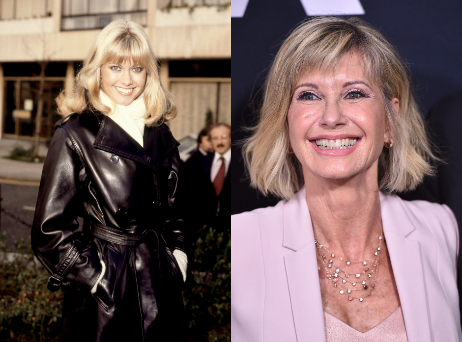 Split image of Olivia Newton John. On the left, posing for a portrait on the street in a cream scarf and black leather coat in 1978. On the right, smiling in a pink silk v neck top and lilac jacket at the 40th anniversary celebrations for 'Grease' in 2018.