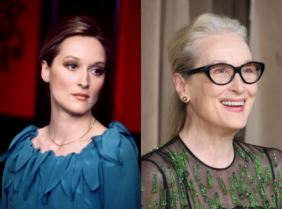 Split image of Meryl Streep. On the left in 1978, on set of 1979 movie The Seduction of Joe Tynan wearing a blue dress with a scalloped neckline. On the right, wearing a black dress with a sheer top and sleeves coered in green embroider in 2025. 