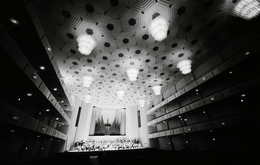 National Symphony Orchestra, under the baton of Music director Antal Dorati, rehearses for the first time in the concert hall at the Kennedy Center for the Performing Arts. The Center will formally open with a performance of Leonard Bernstein's "Mass".