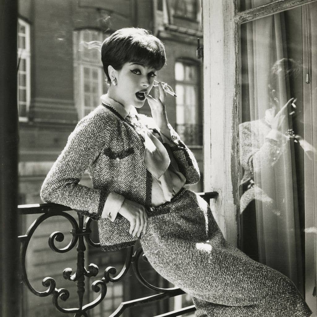 Model Marie-HÃ©lÃ¨ne Arnaud leaning on balcony in Coco Chanel's apartment above her Paris salon, smoking a cigarette and wearing Chanel's tweed suit with brass buttons, rose-pink silk blouse, and chain belt, with earrings and a necklace also by Chanel.