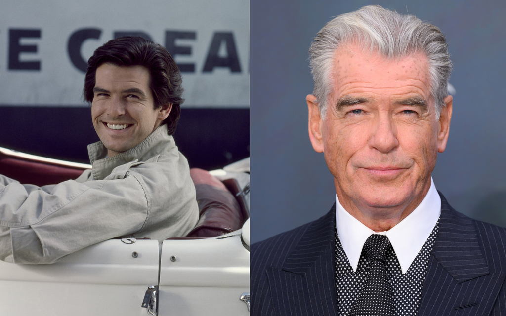 Side-by-side of Pierce Brosnan smiling in a car during his James Bond years next to a recent photo of him with grey hair in a pinstripe suit.