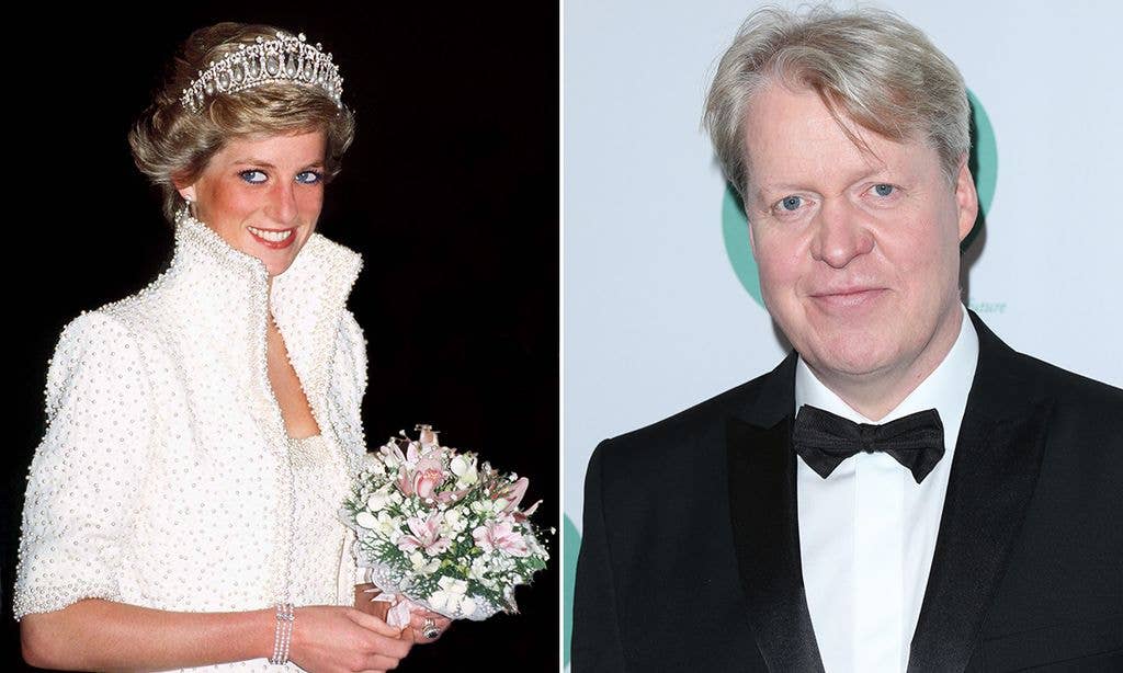 Diana, Princess of Wales in a white gown and tiara, holding flowers. Charles Spencer in a black tuxedo and bow tie.