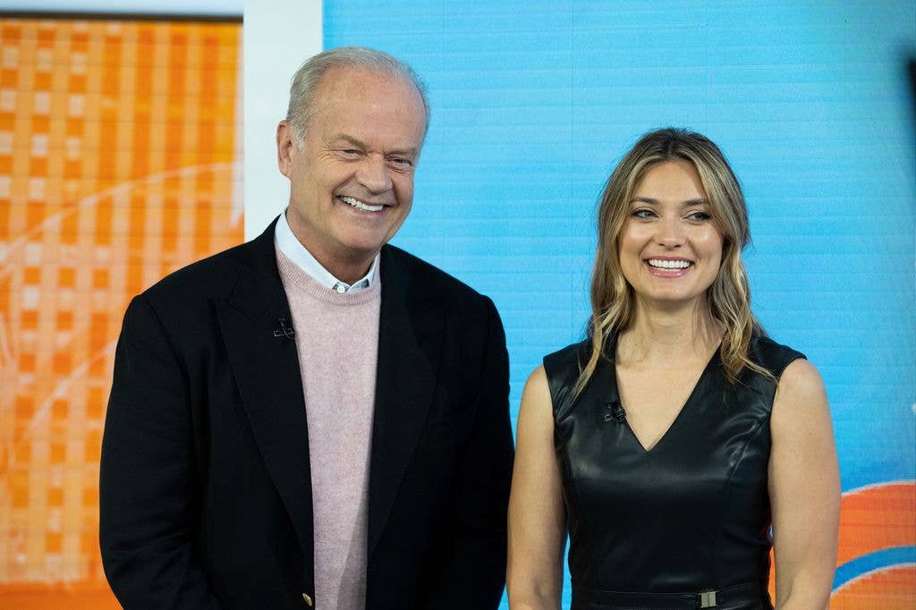 Kelsey Grammer and Spencer Grammer smiling in front of a colorful background.