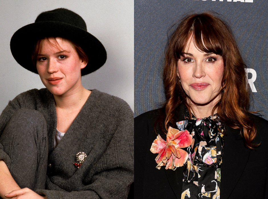 Split image of Molly Ringwald in 1985 and present day.