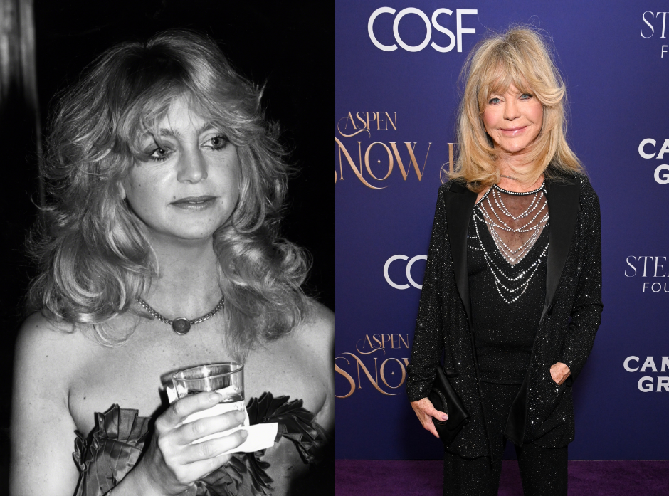 Split image of Goldie Hawn. On the left, in black and white in around 1980 holding a drink in a ruffled sleeveless dress. On the right in a black dress with layered silver embellishments and a sparkly black jacket in 2026. 