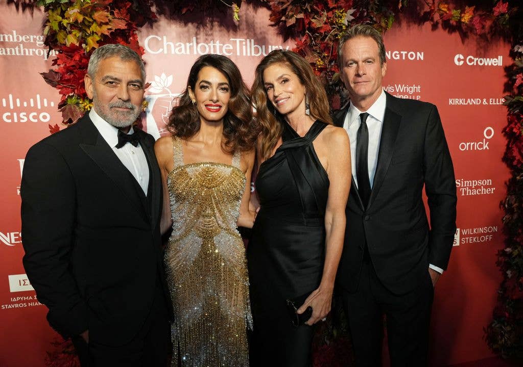 George Clooney, Amal Clooney, Cindy Crawford and Rande Gerber attend the Clooney Foundation For Justice Inaugural Albie Awards at New York Public Library on September 29, 2022 in New York City