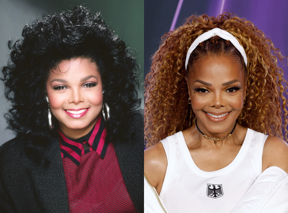 Split image of Janet Jackson, shown on the left in the '80s with large silver earrings, a red and black striped shirt, red jumper and suit jacket. On the right, in a tank top, white hair hand and jacket off her shoulders.